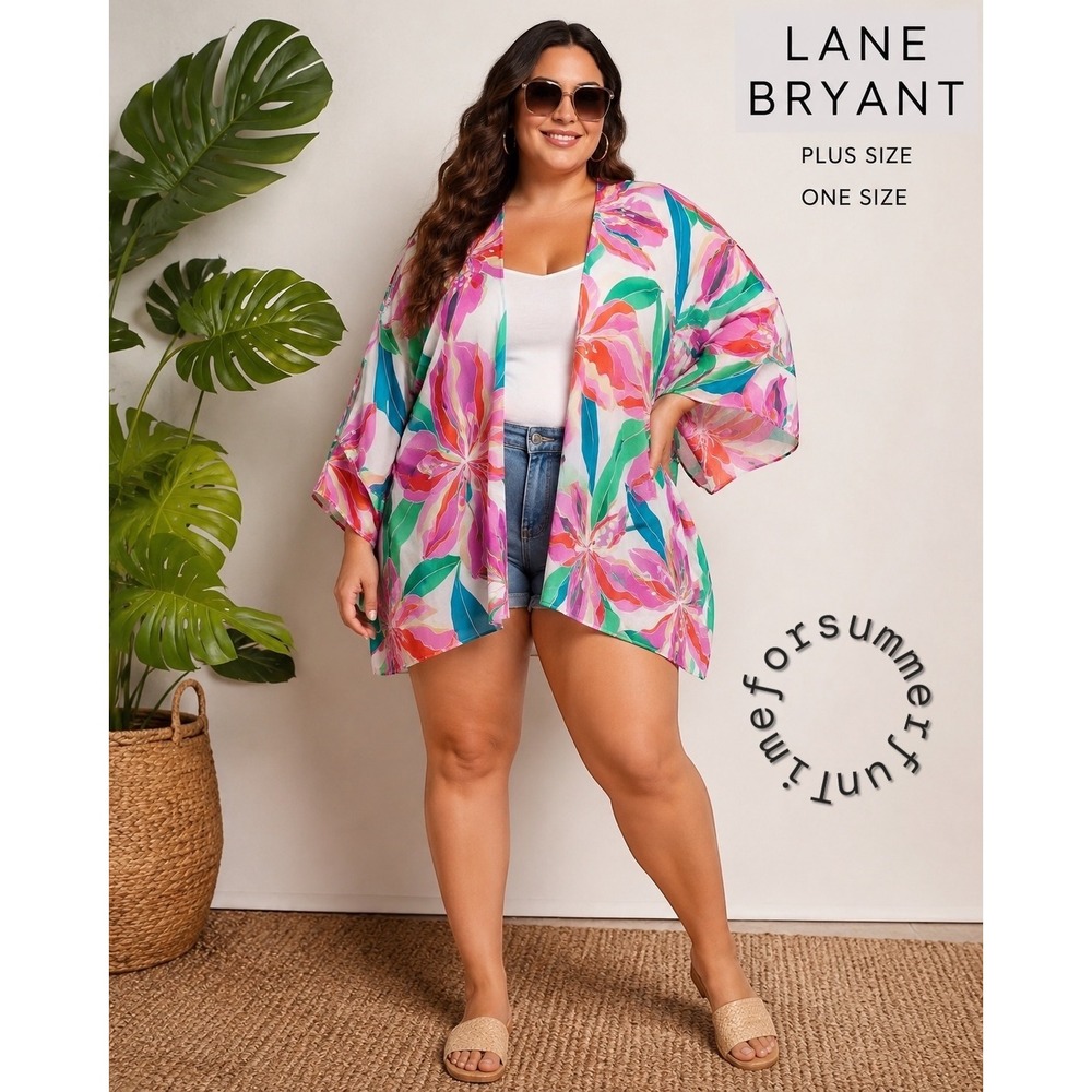 Lane Bryant Plus Size Floral Kimono Wrap Pink Teal Tropical One Size  NWT Womens